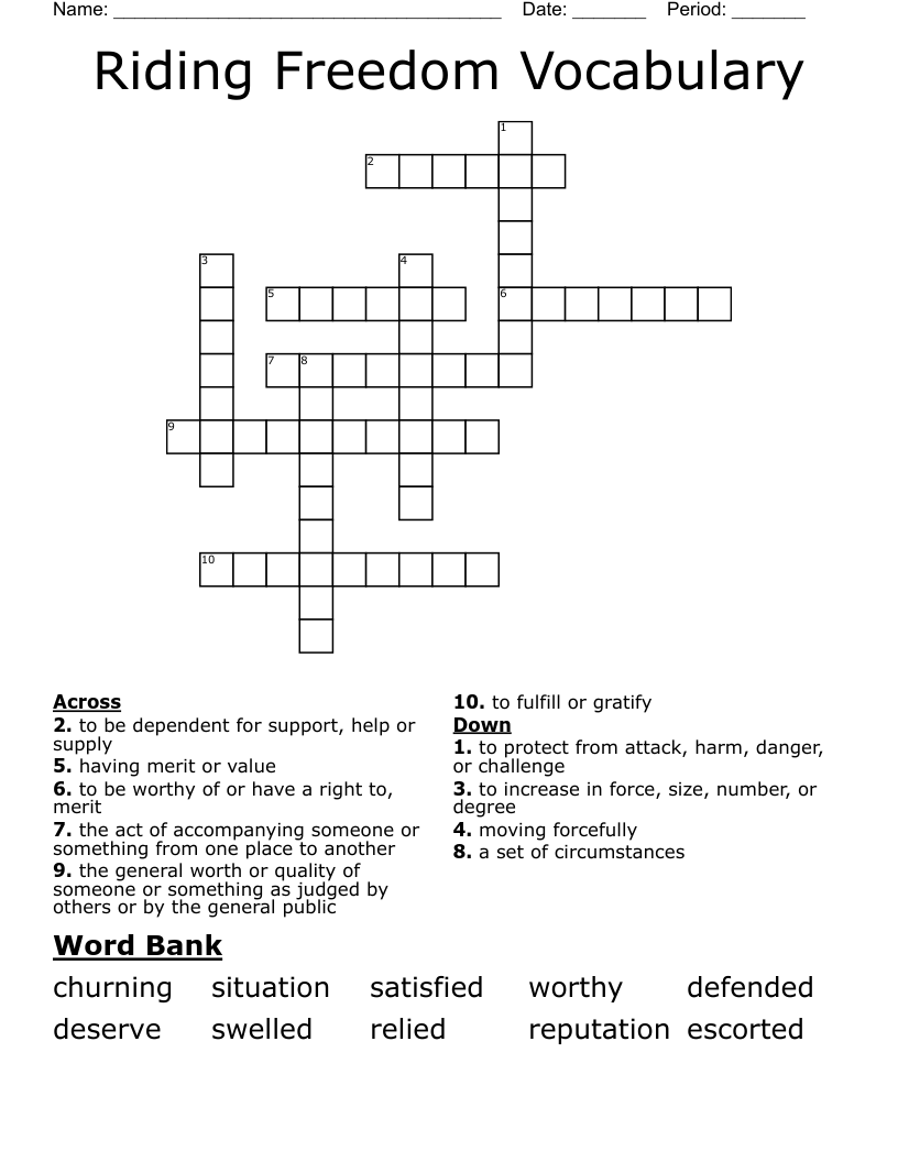 Riding Freedom Vocabulary Crossword
