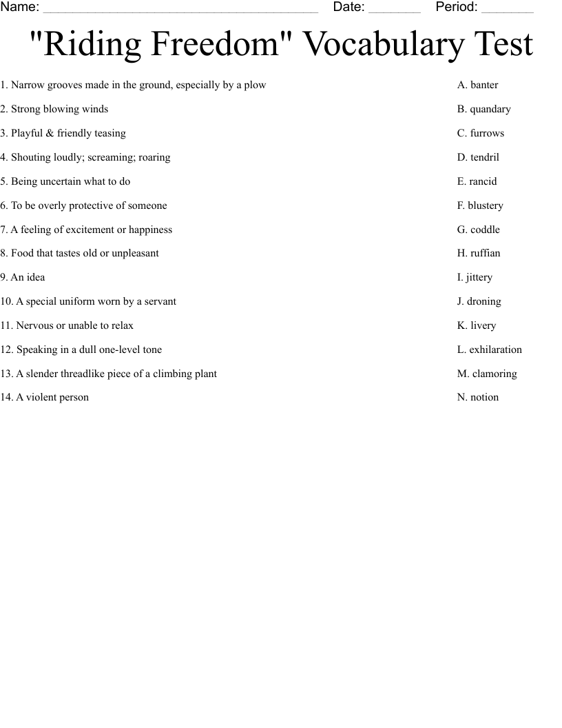 "Riding Freedom" Vocabulary Test Worksheet