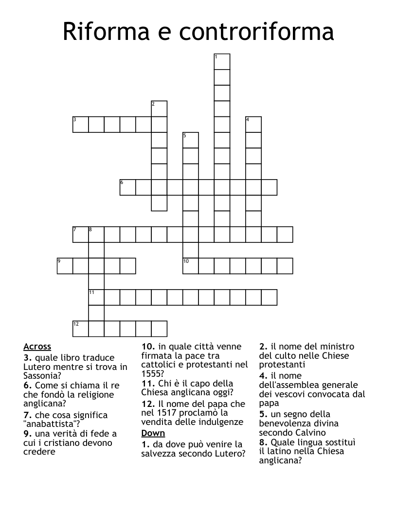 Riforma e controriforma Crossword