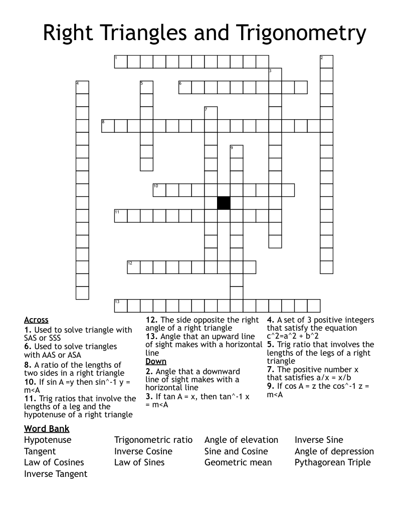 Right Triangles and Trigonometry Crossword