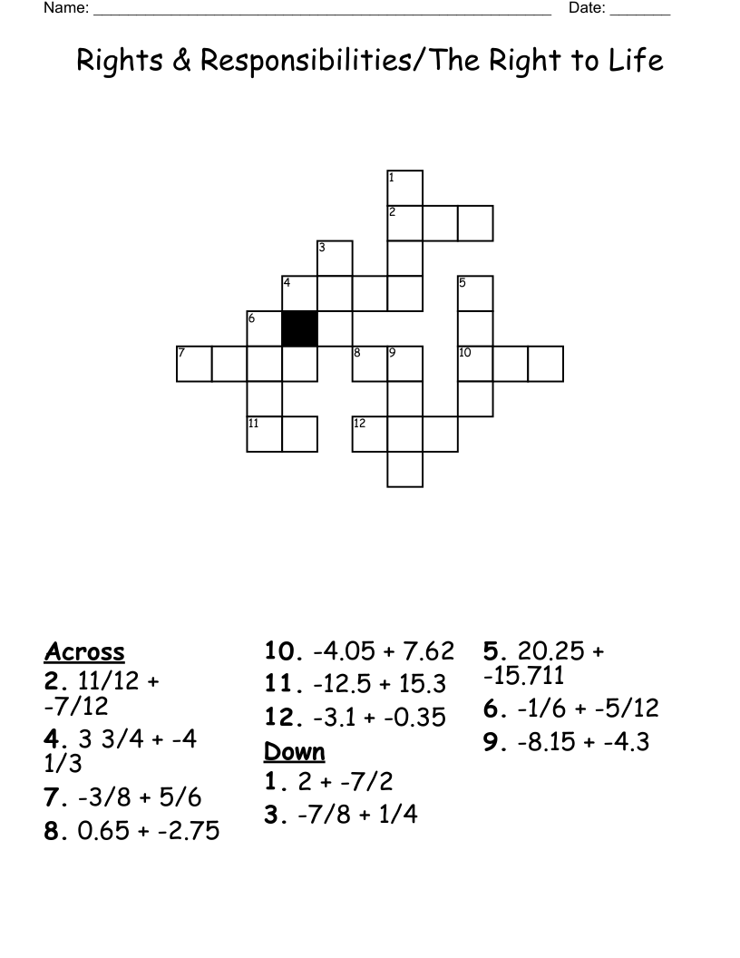 Rights & Responsibilities/The Right to Life Crossword