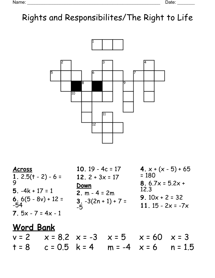 Rights and Responsibilites/The Right to Life Crossword