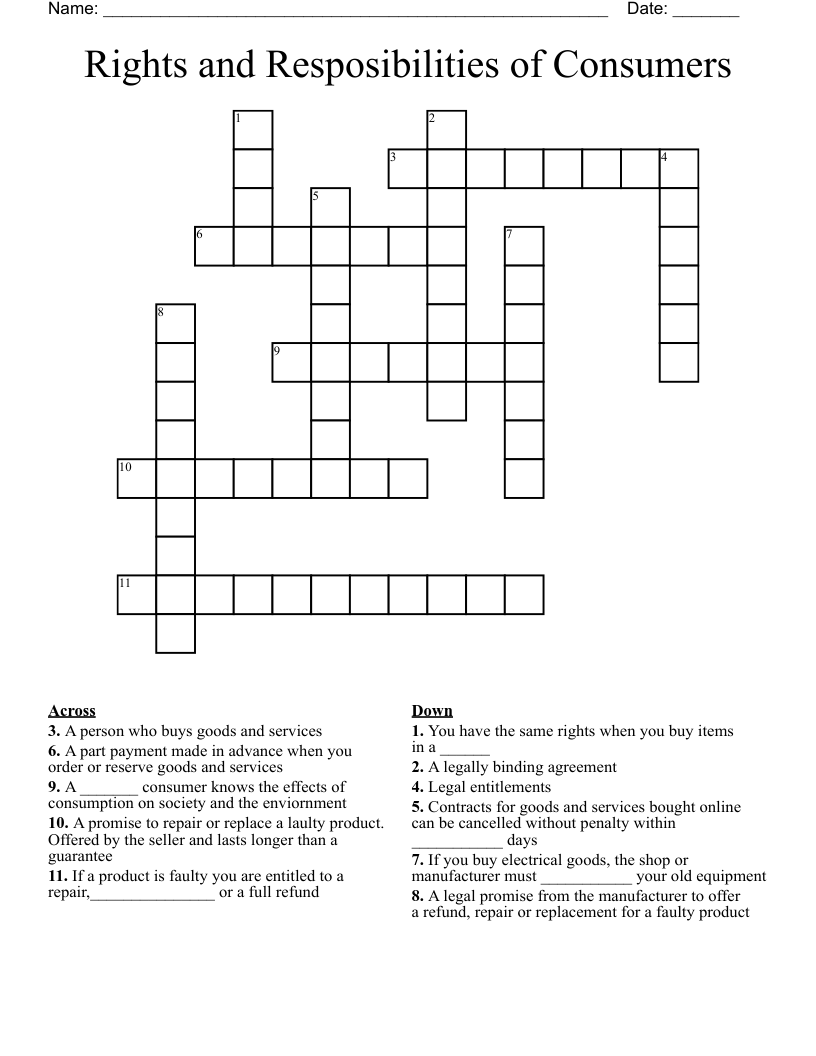 Rights and Resposibilities of Consumers Crossword