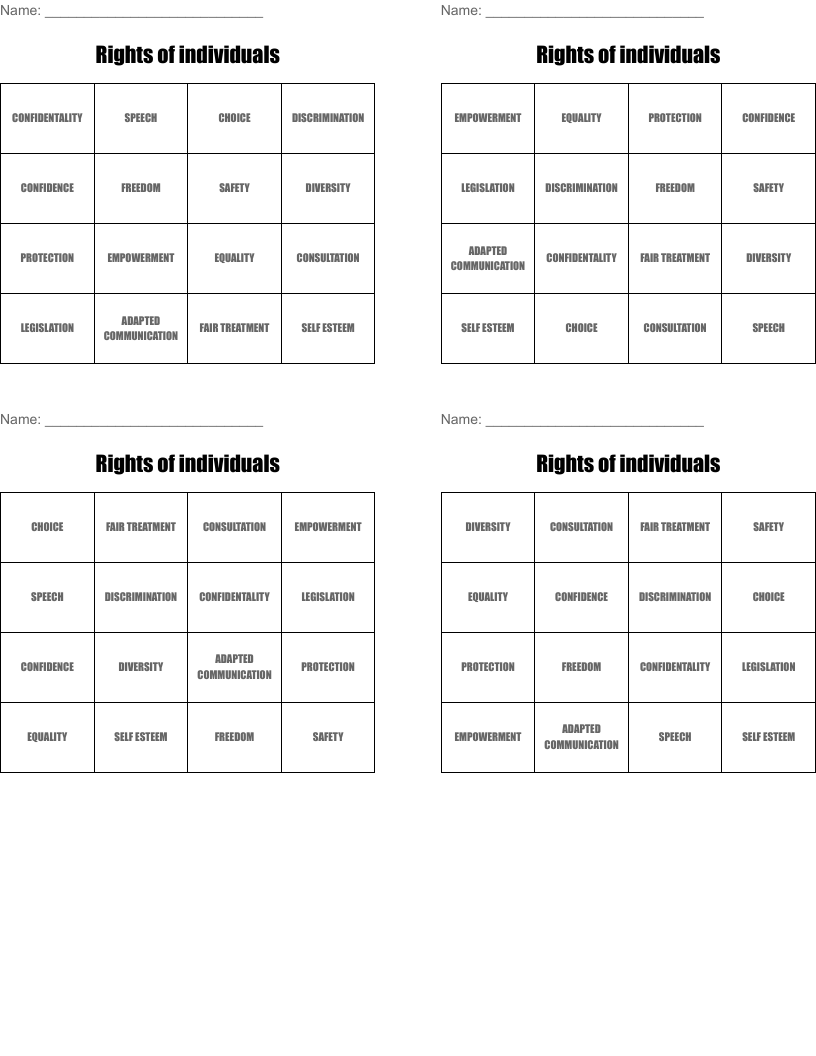 Rights of individuals  Bingo Cards