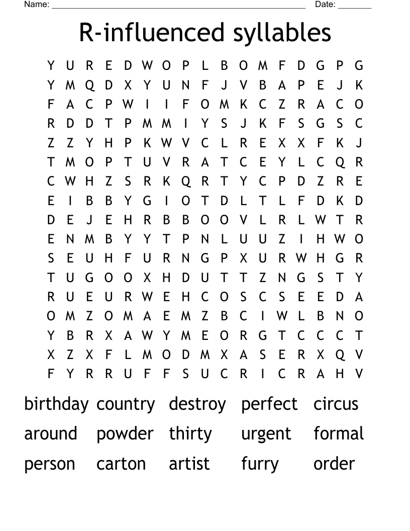R-influenced syllables Word Search