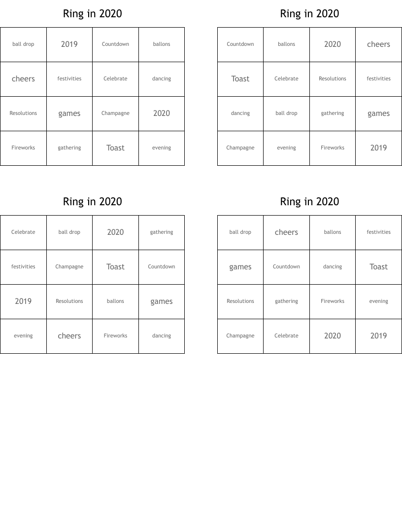 Ring in 2020 Bingo Cards