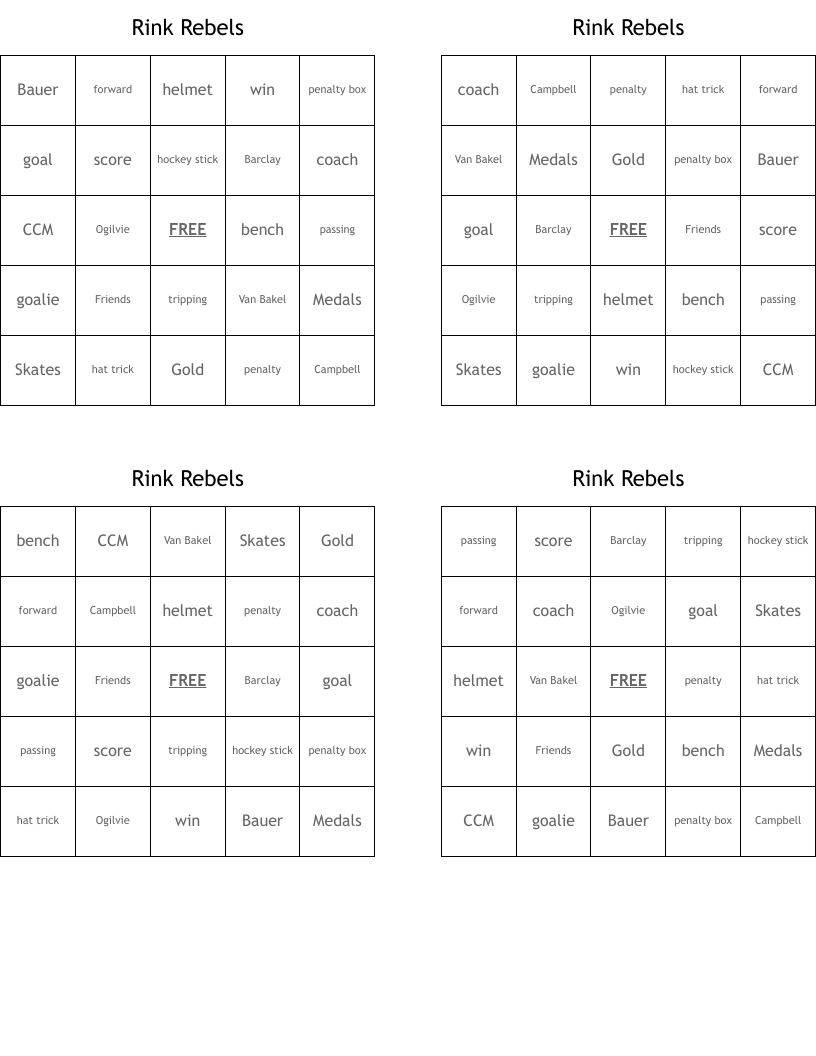 Rink Rebels Bingo Cards