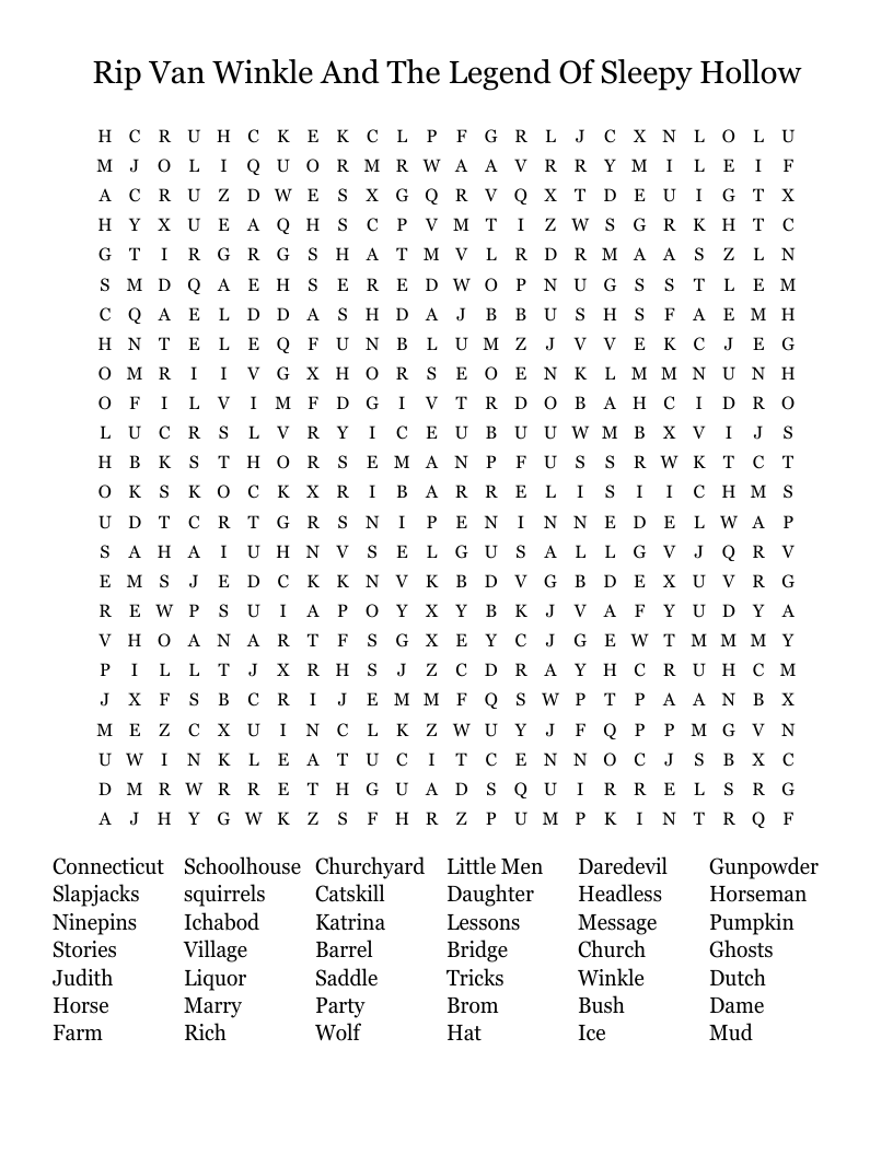 Rip Van Winkle And The Legend Of Sleepy Hollow Word Search