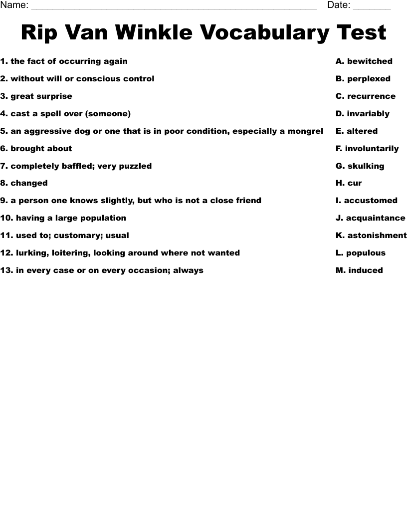 Rip Van Winkle Vocabulary Test Worksheet