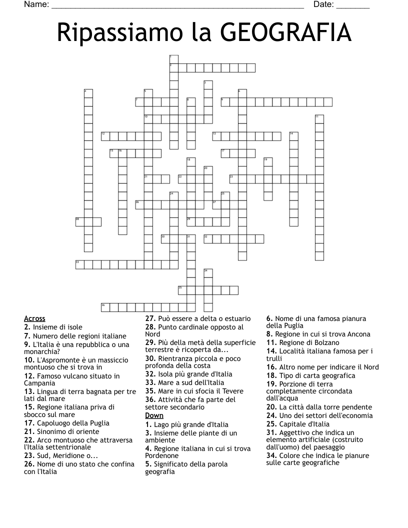 Ripassiamo la GEOGRAFIA Crossword