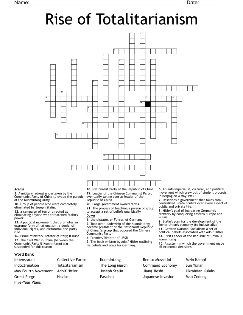 Rise of Totalitarianism Crossword