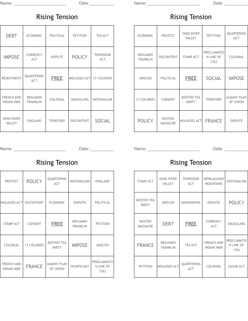Rising Tension Bingo Cards