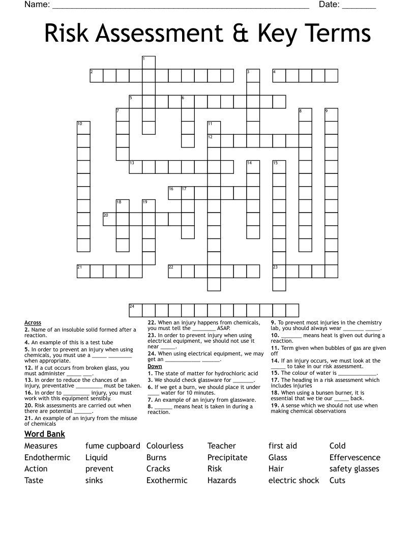 Risk Assessment & Key Terms Crossword
