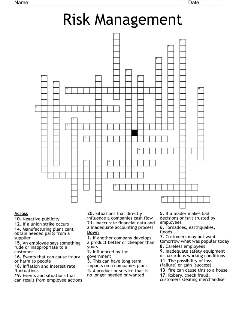Risk Management  Crossword