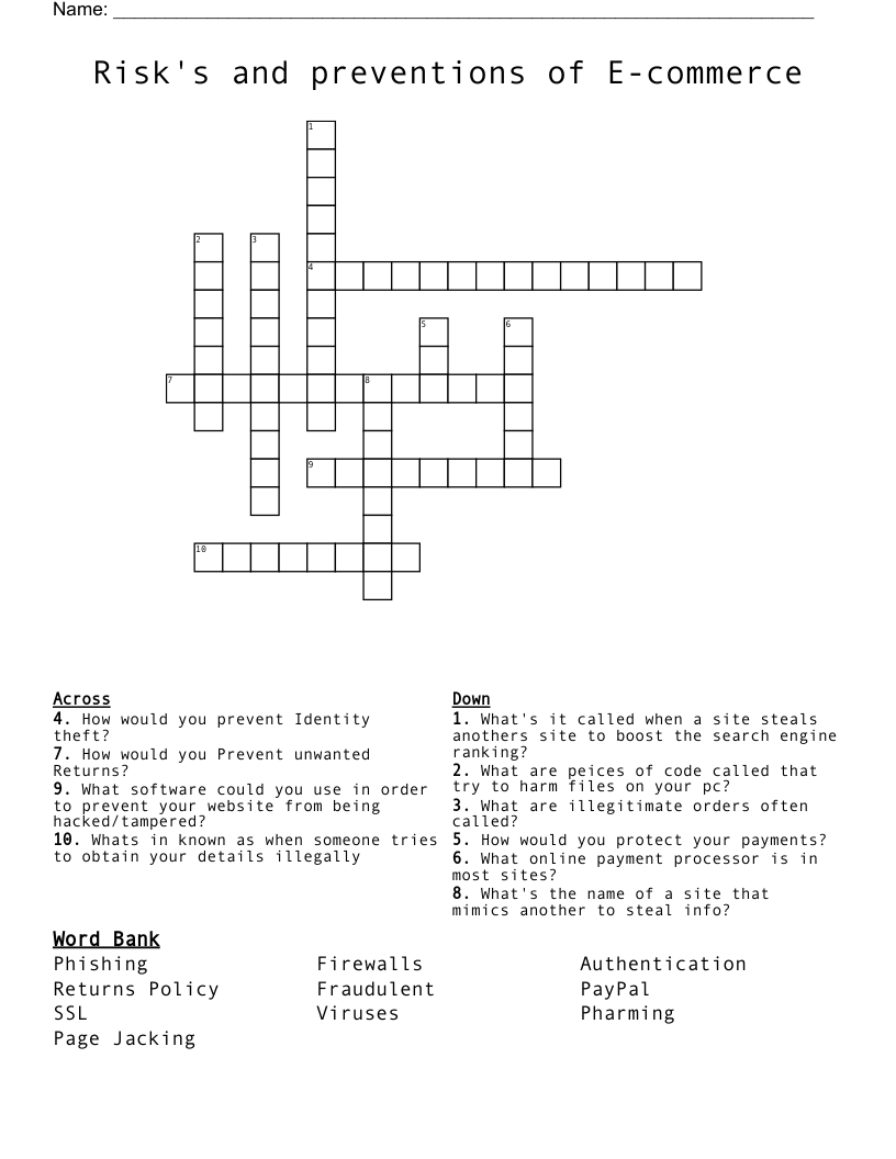 Risk's and preventions of E-commerce Crossword