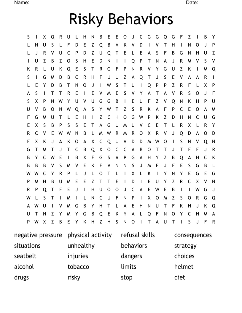 Risky Behaviors Word Search