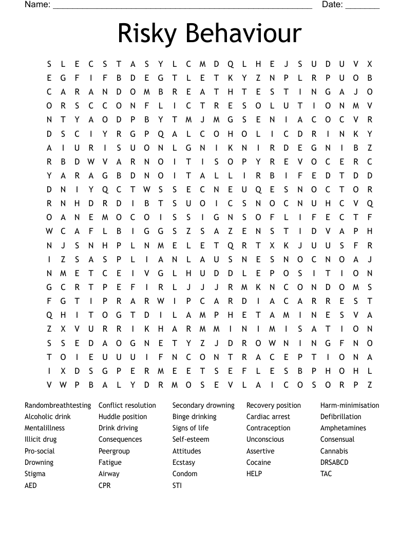 Risky Behaviour Word Search