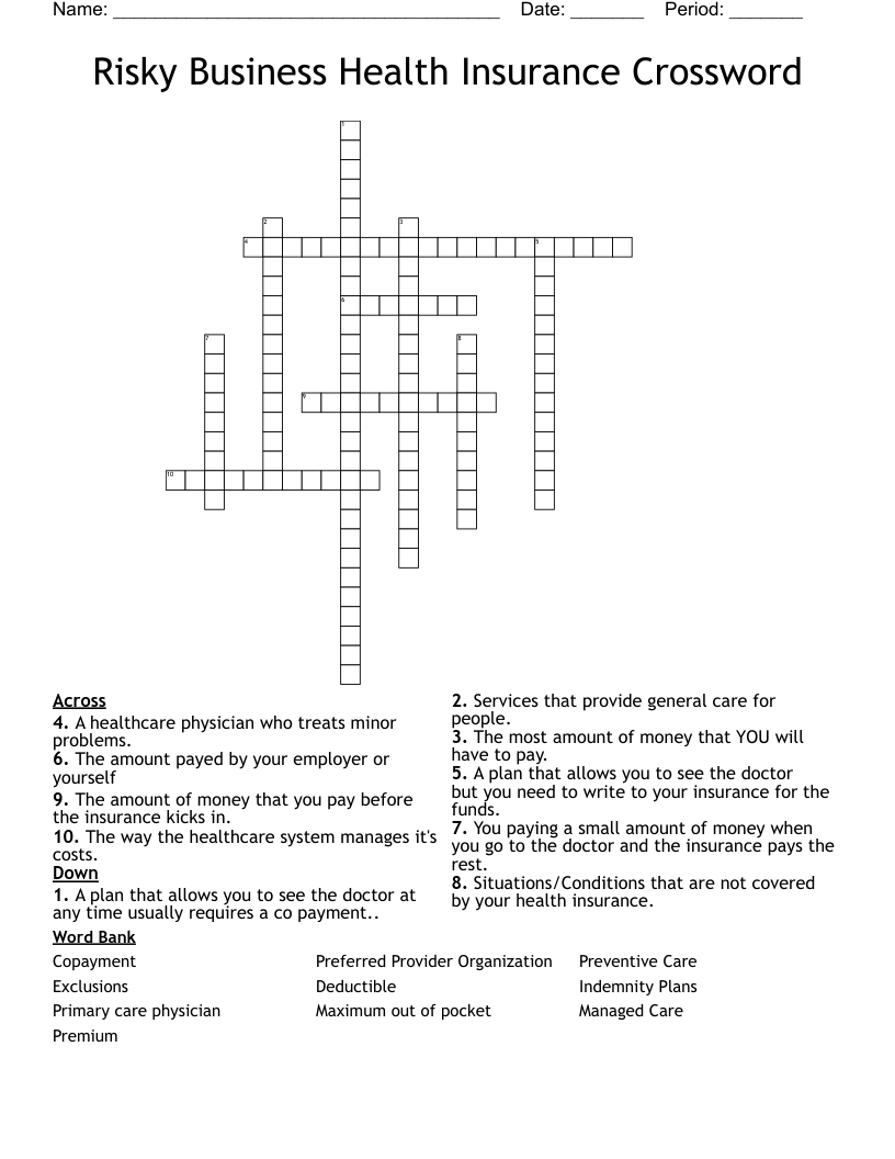 Risky Business Health Insurance Crossword