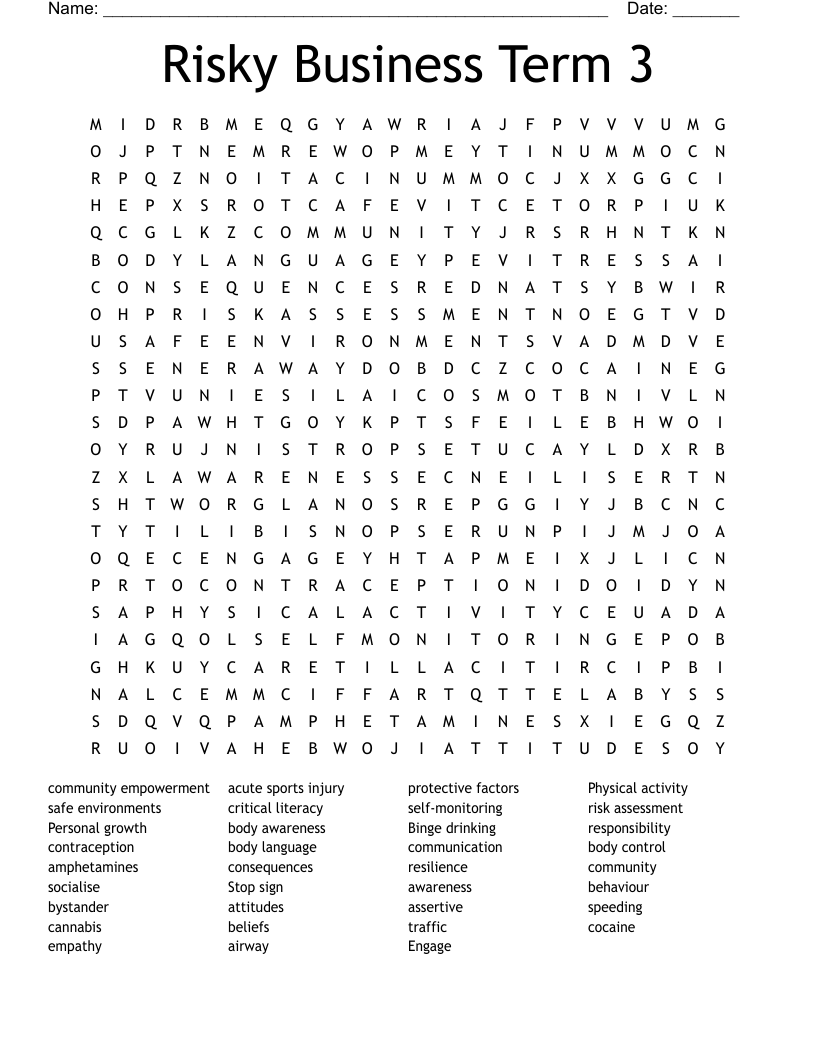 Risky Business Term 3 Word Search