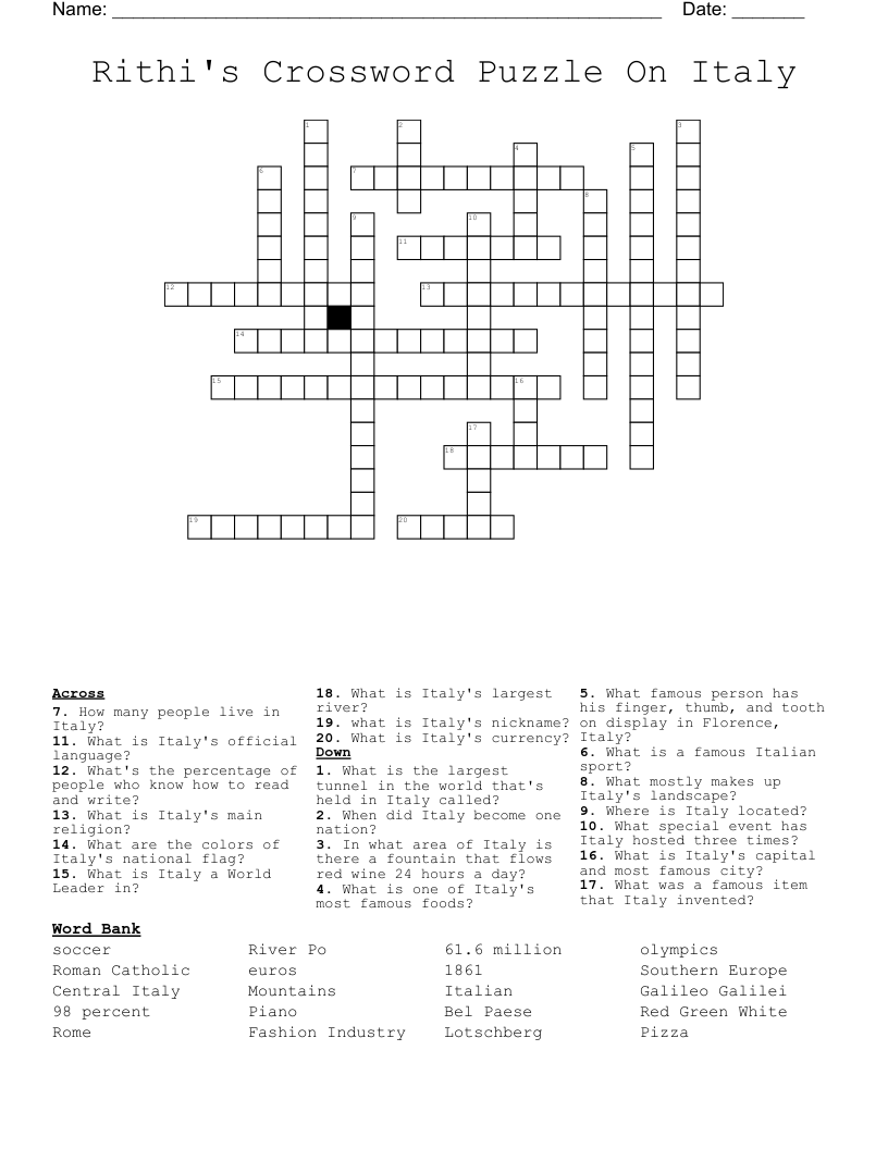 Rithi's Crossword Puzzle On Italy