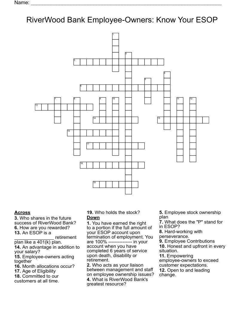 RiverWood Bank Employee-Owners:  Know Your ESOP Crossword
