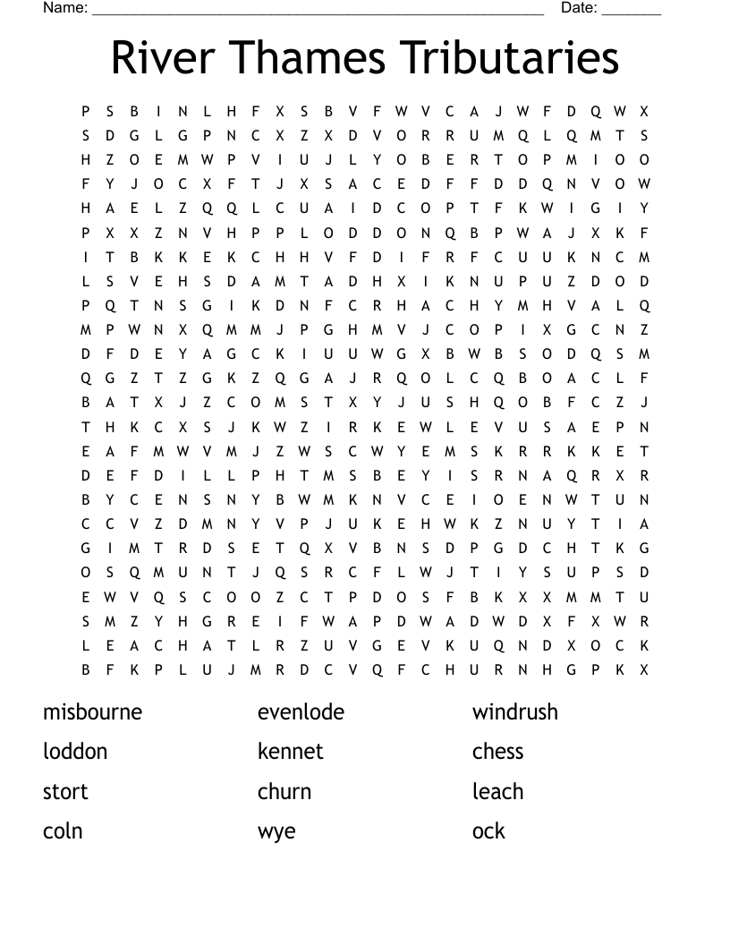River Thames Tributaries Word Search