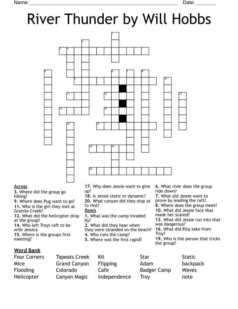 River Thunder by Will Hobbs  Crossword