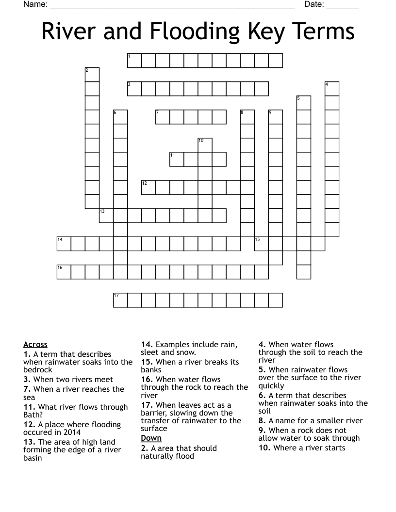 River and Flooding Key Terms Crossword