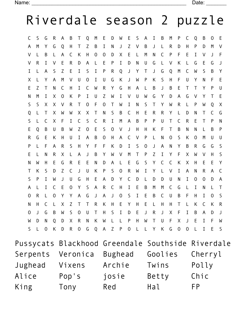 Riverdale season 2 puzzle Word Search