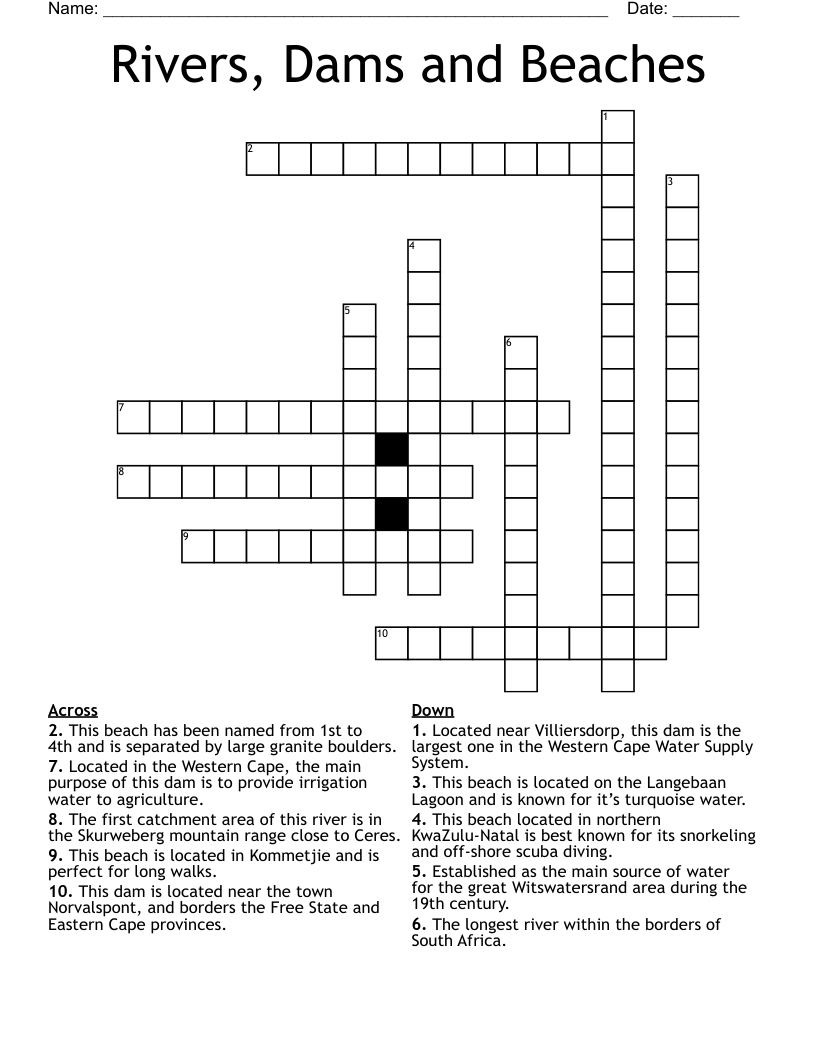 Rivers, Dams and Beaches Crossword