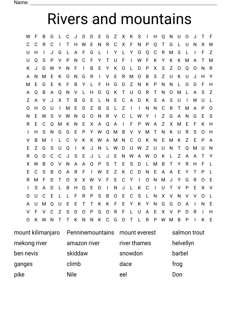 Rivers and mountains Word Search