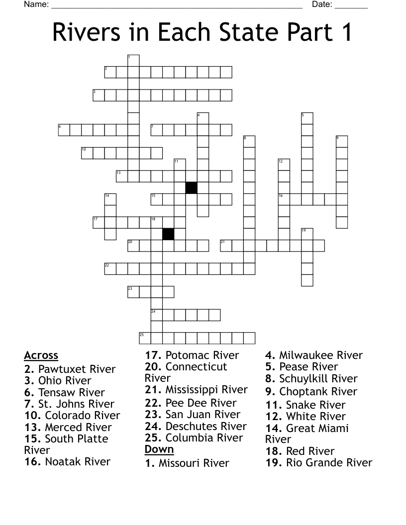 Rivers in Each State Part 1 Crossword