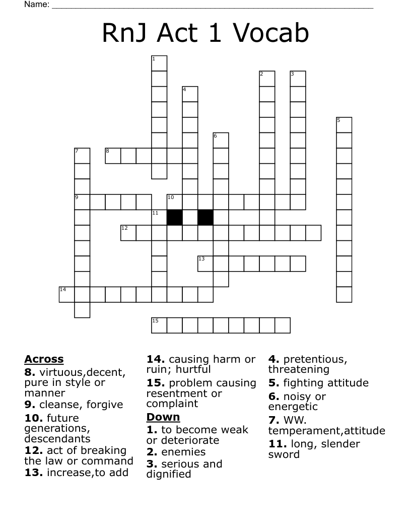 RnJ Act 1 Vocab Crossword