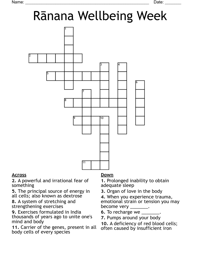 Rānana Wellbeing Week Crossword