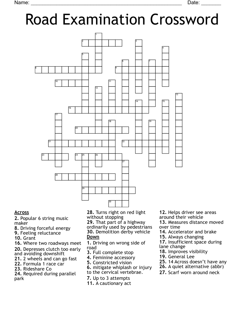 Road Examination Crossword