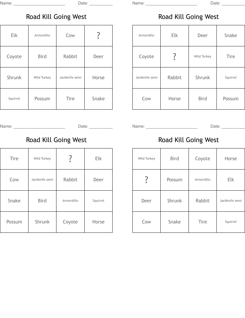 Road Kill Going West Bingo Cards