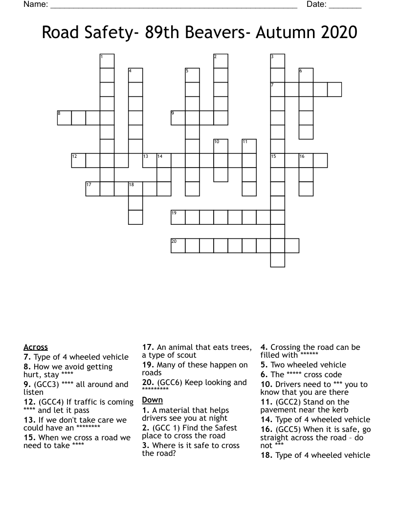 Road Safety- 89th Beavers- Autumn 2020 Crossword