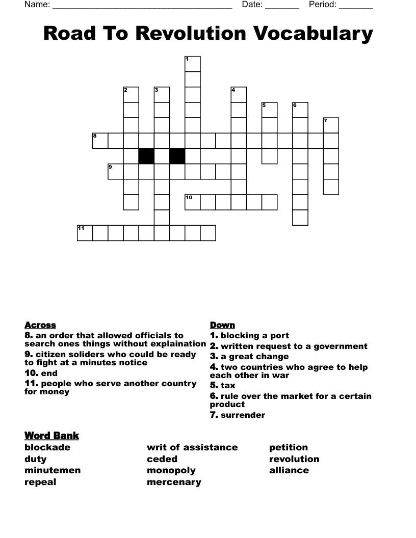 Road To Revolution Vocabulary Crossword