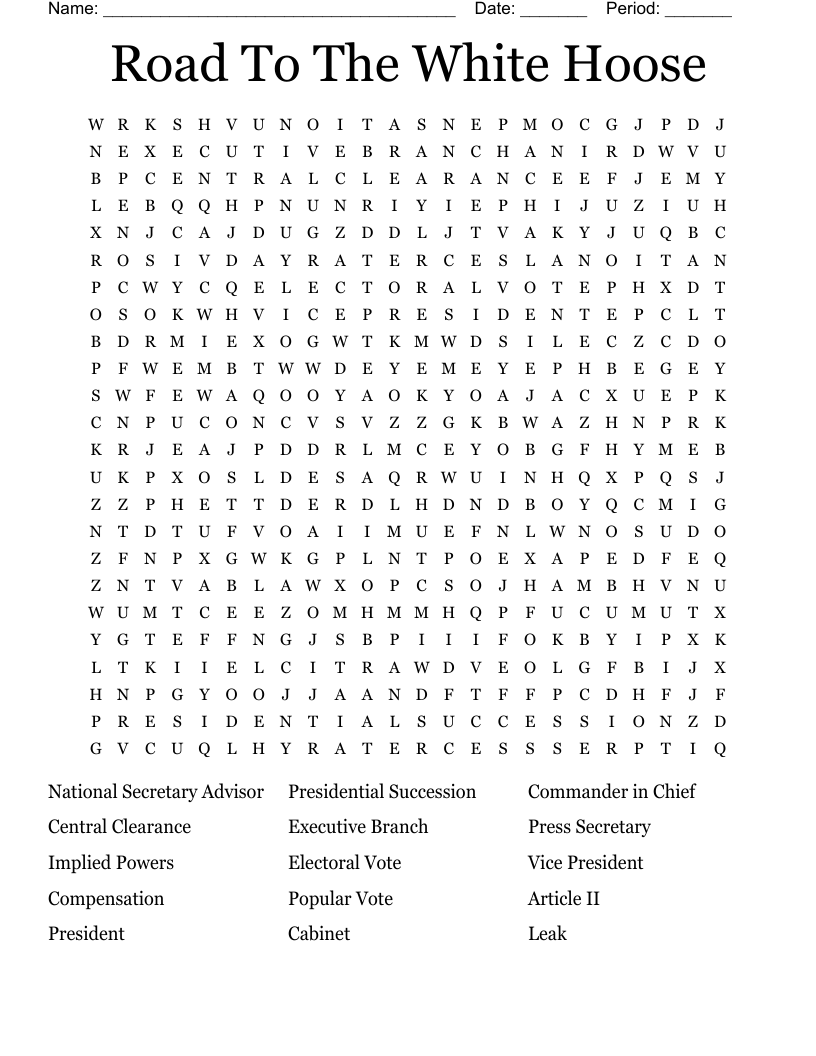 Road To The White Hoose Word Search