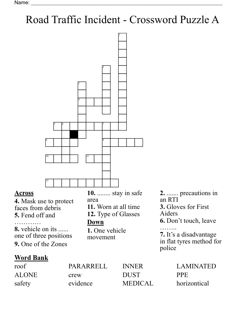 Road Traffic Incident - Crossword Puzzle A