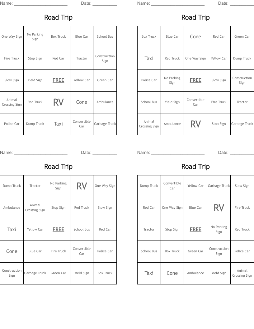 Road Trip Bingo Cards