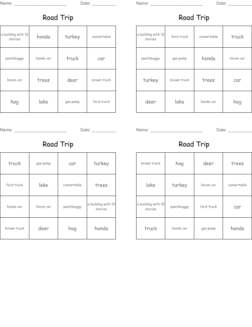 Road Trip Bingo Cards
