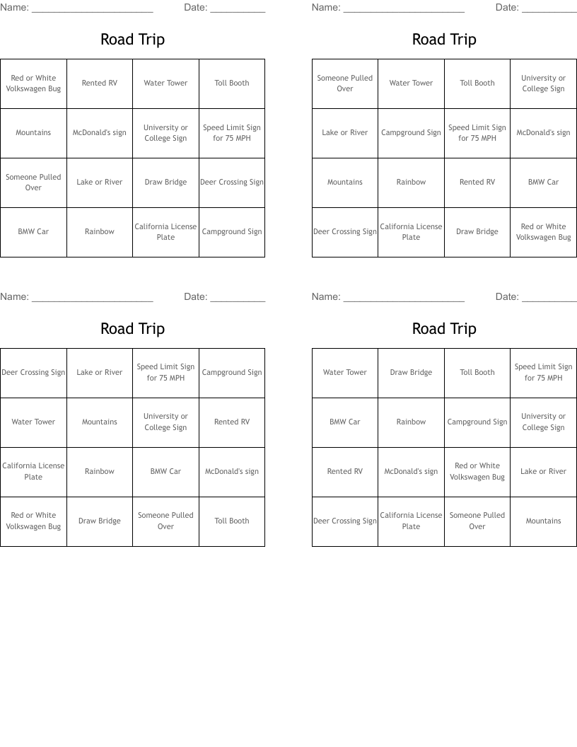 Road Trip Bingo Cards