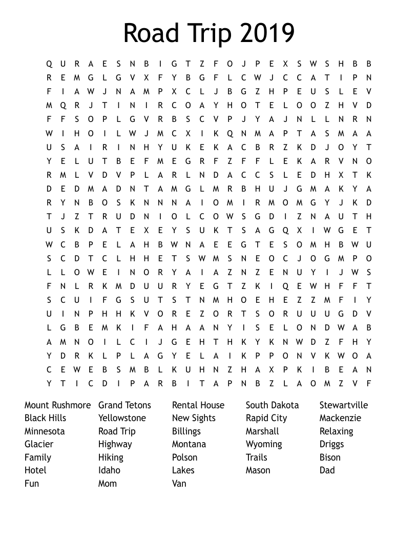 Road Trip 2019 Word Search