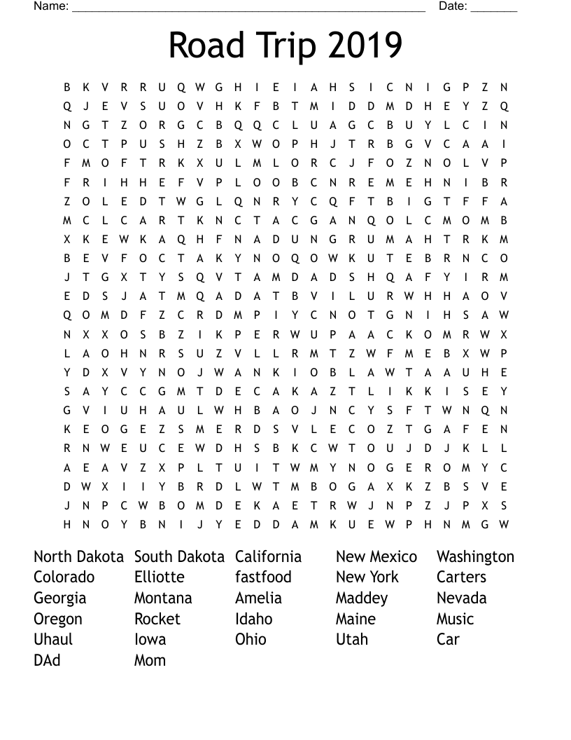 Road Trip 2019 Word Search