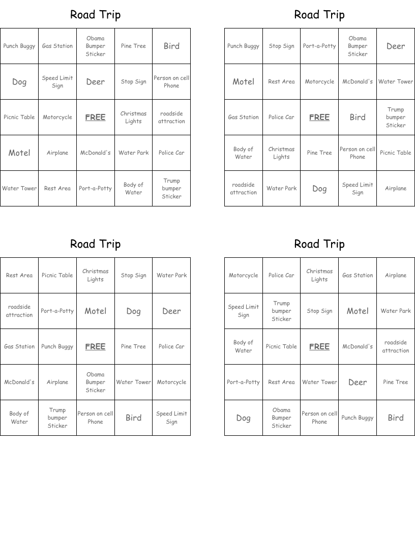 Road Trip Bingo Cards