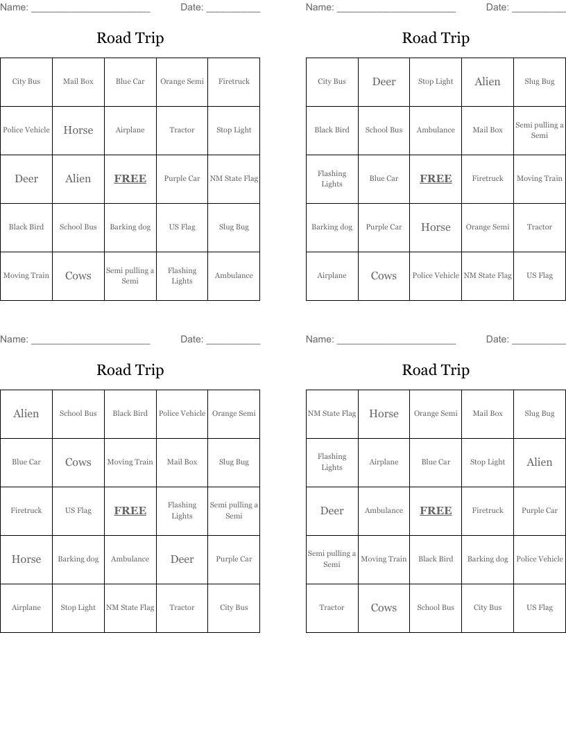 Road Trip Bingo Cards