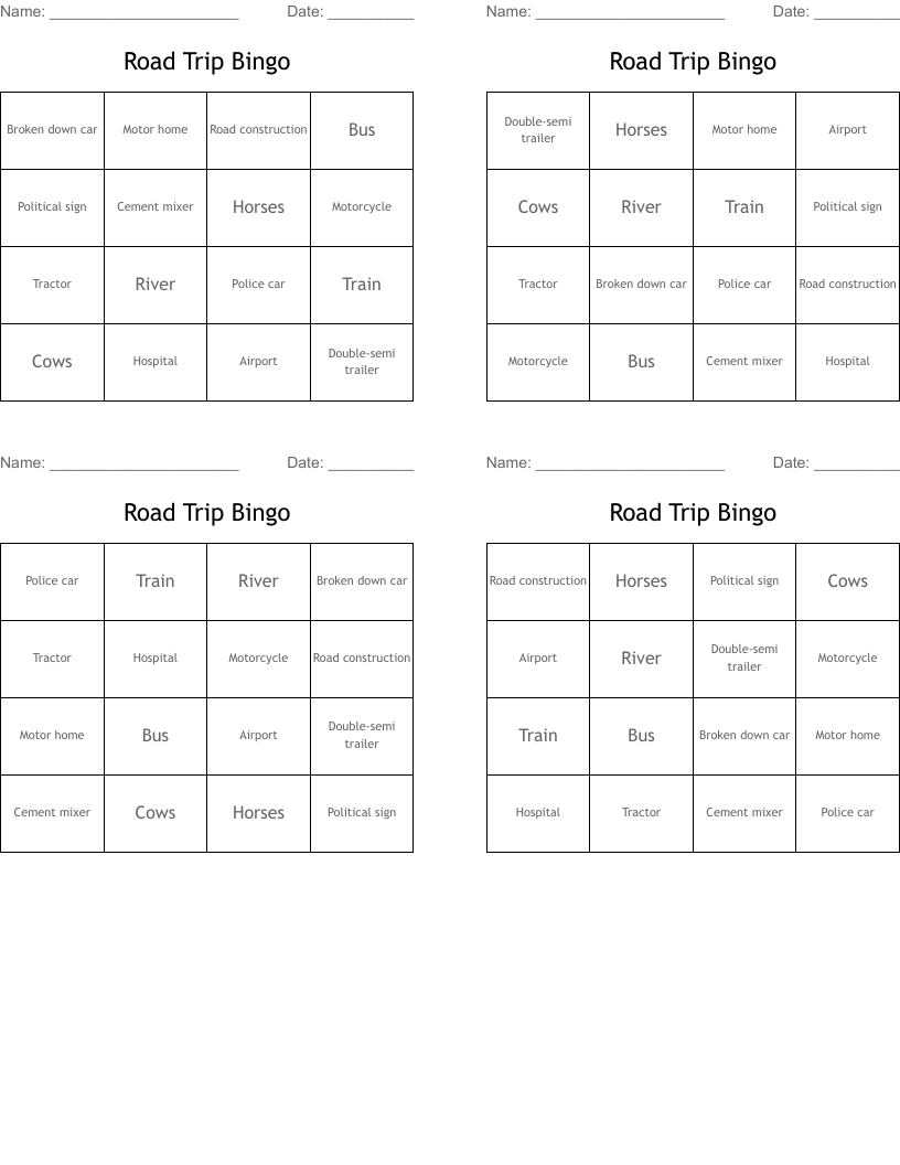 Road Trip Bingo