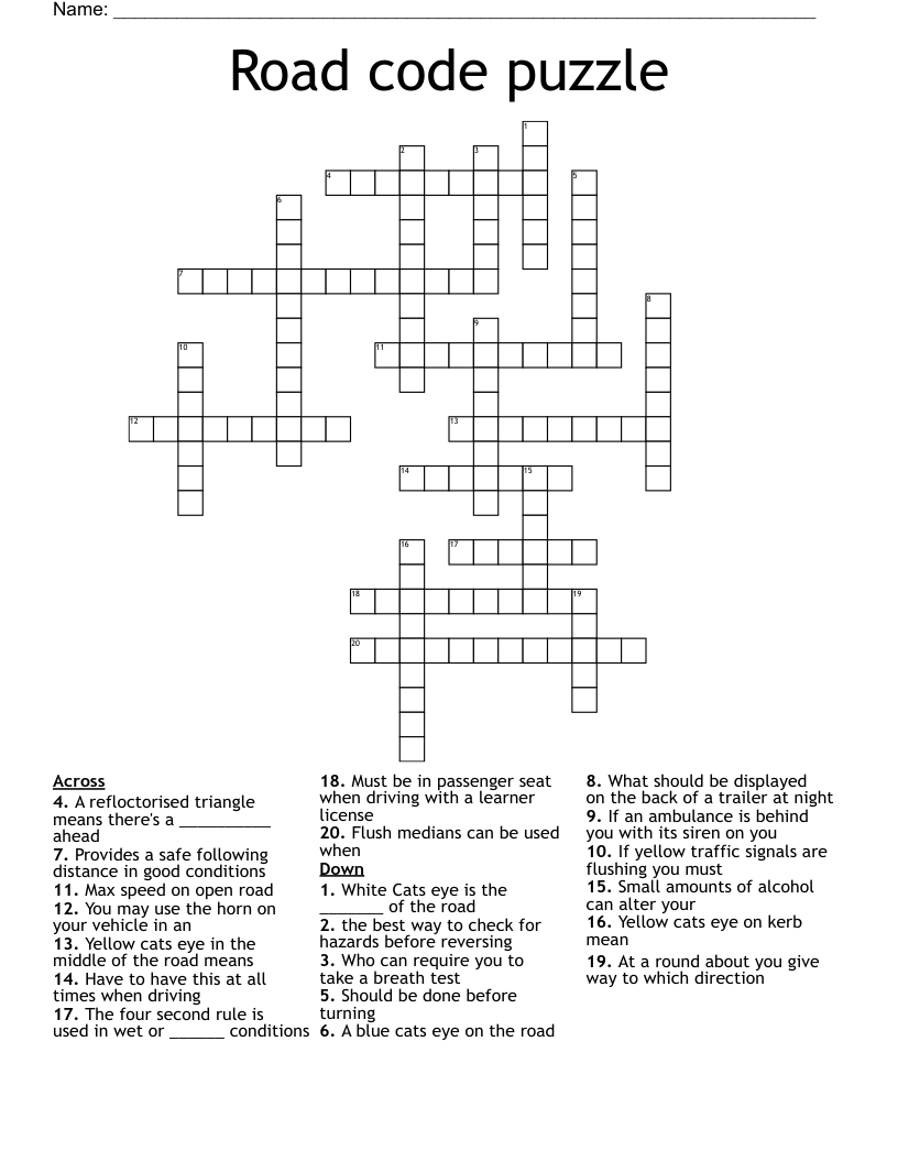 Road code puzzle Crossword