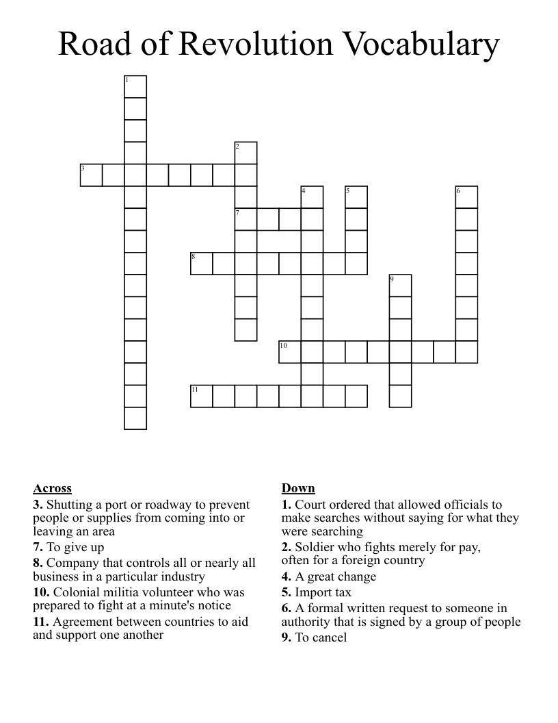 Road of Revolution Vocabulary Crossword